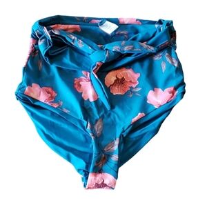 Coral Reef Blue Floral Wrap Front High Rise Swim Bottoms